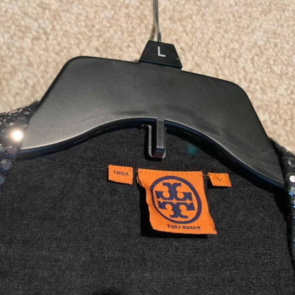 Tory Burch Dark Gray Sequin Cardigan, size Large